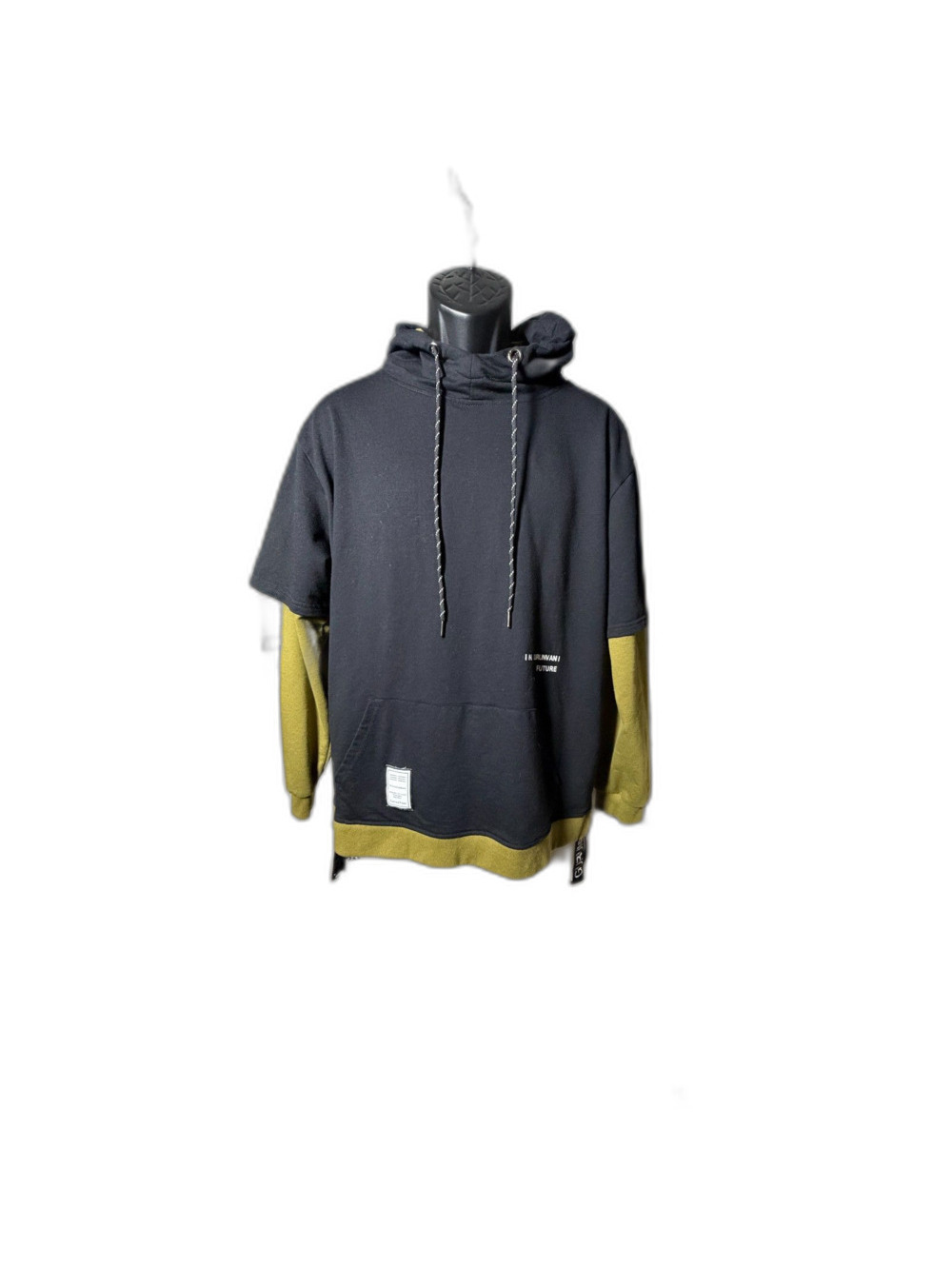 Gurunvani "Future" Contrast Patchwork Layered  Hoodie - Black/Olive Green L